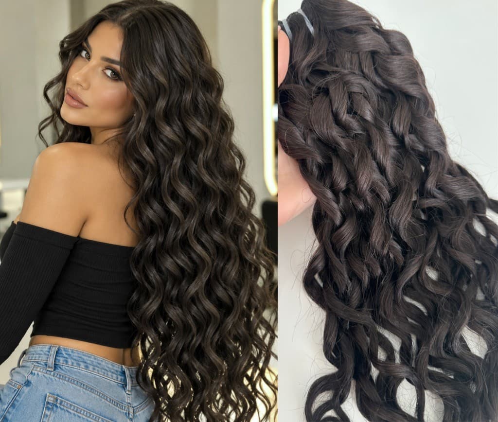 Russian Natural Black #1B Curly Hair Extensions by the Meter